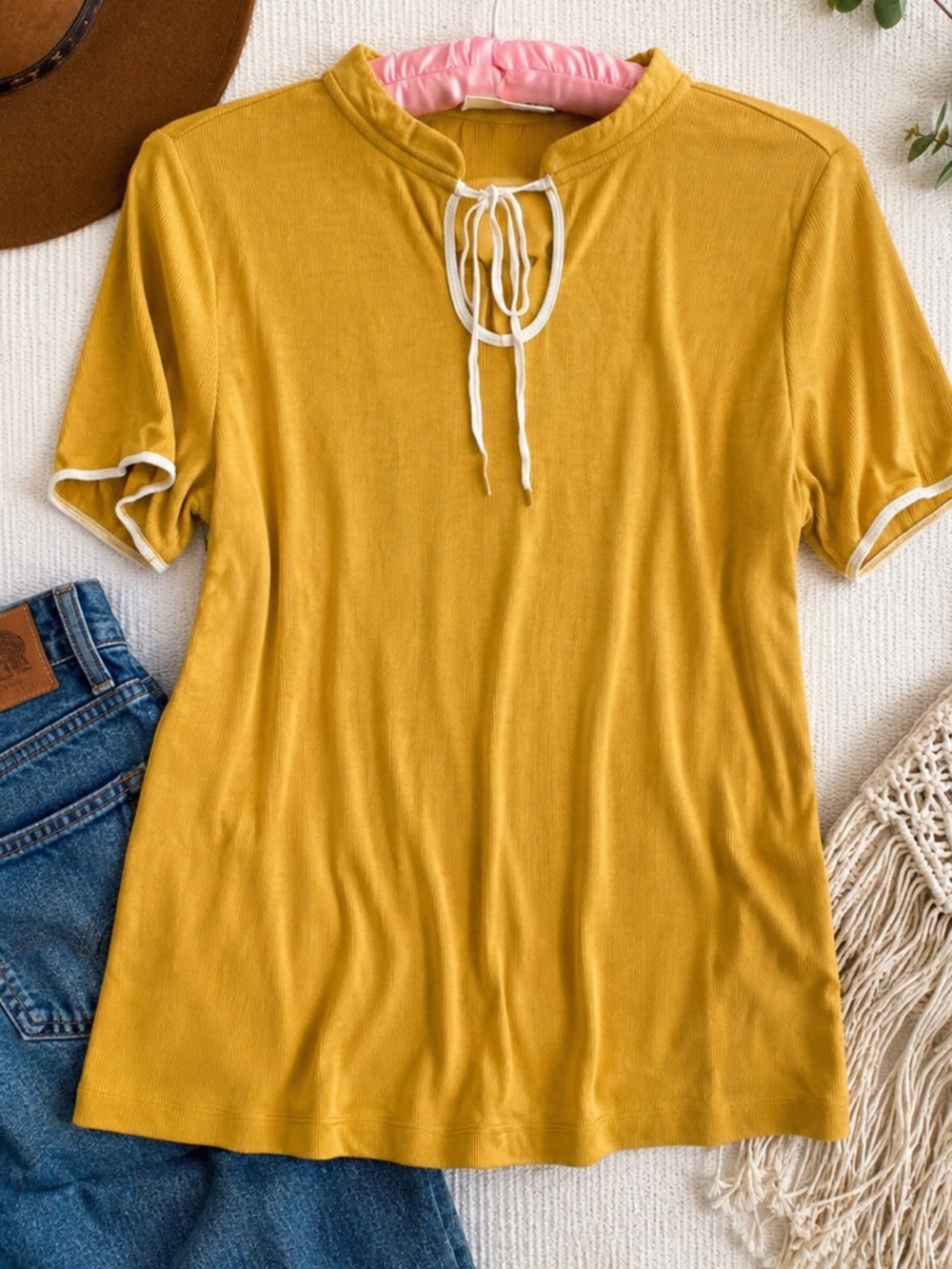 Anthropologie Maeve Mustard Ribbed Tie Neck Top Small